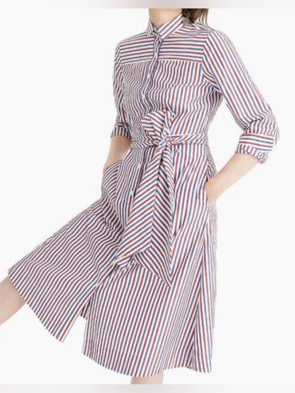 J. Crew Red & Blue Striped Tie-Waist Midi Shirt Dress